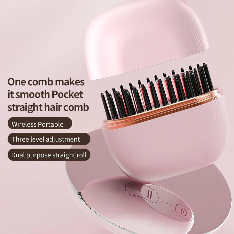 Mini Cordless Hair Straightener Brush – Portable, USB Rechargeable, 3 Heat Settings