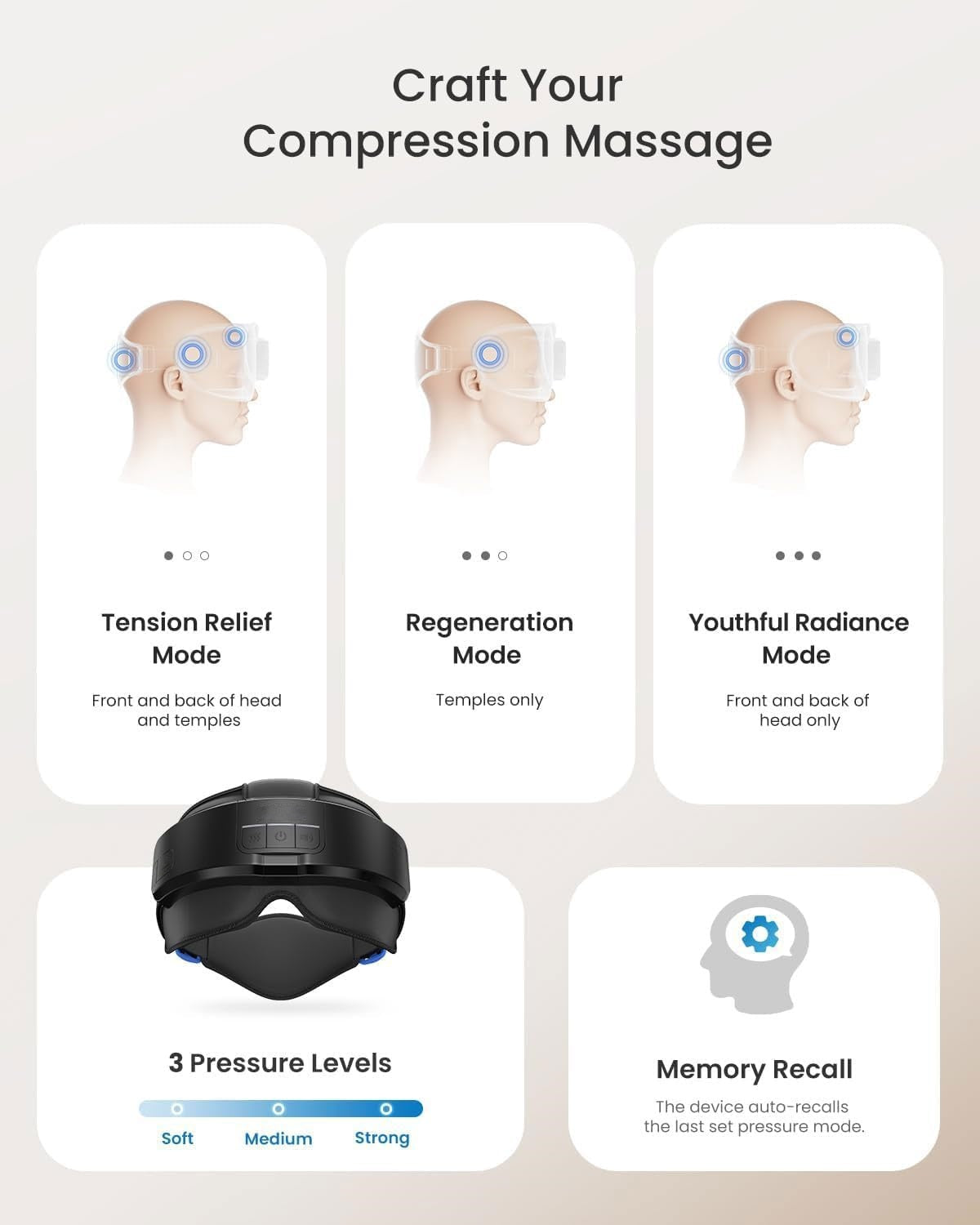 Head & Eye Massager – 3D Compression, Heat, Adjustable Intensity, and Bluetooth Music