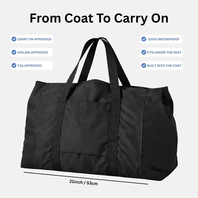 Packable Travel Coat – 100% Nylon Waterproof Shell with 16 Pockets & Matching Duffel Bag