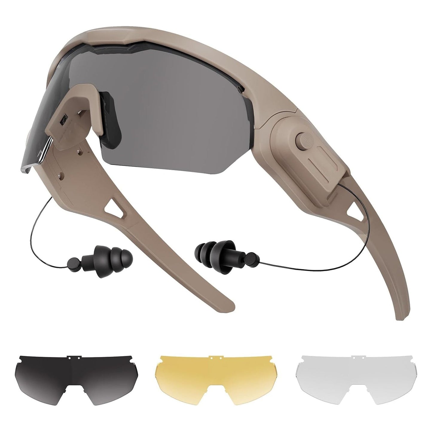 Shooting glasses with earplugs – Built-in Hearing Protection That Clicks Back