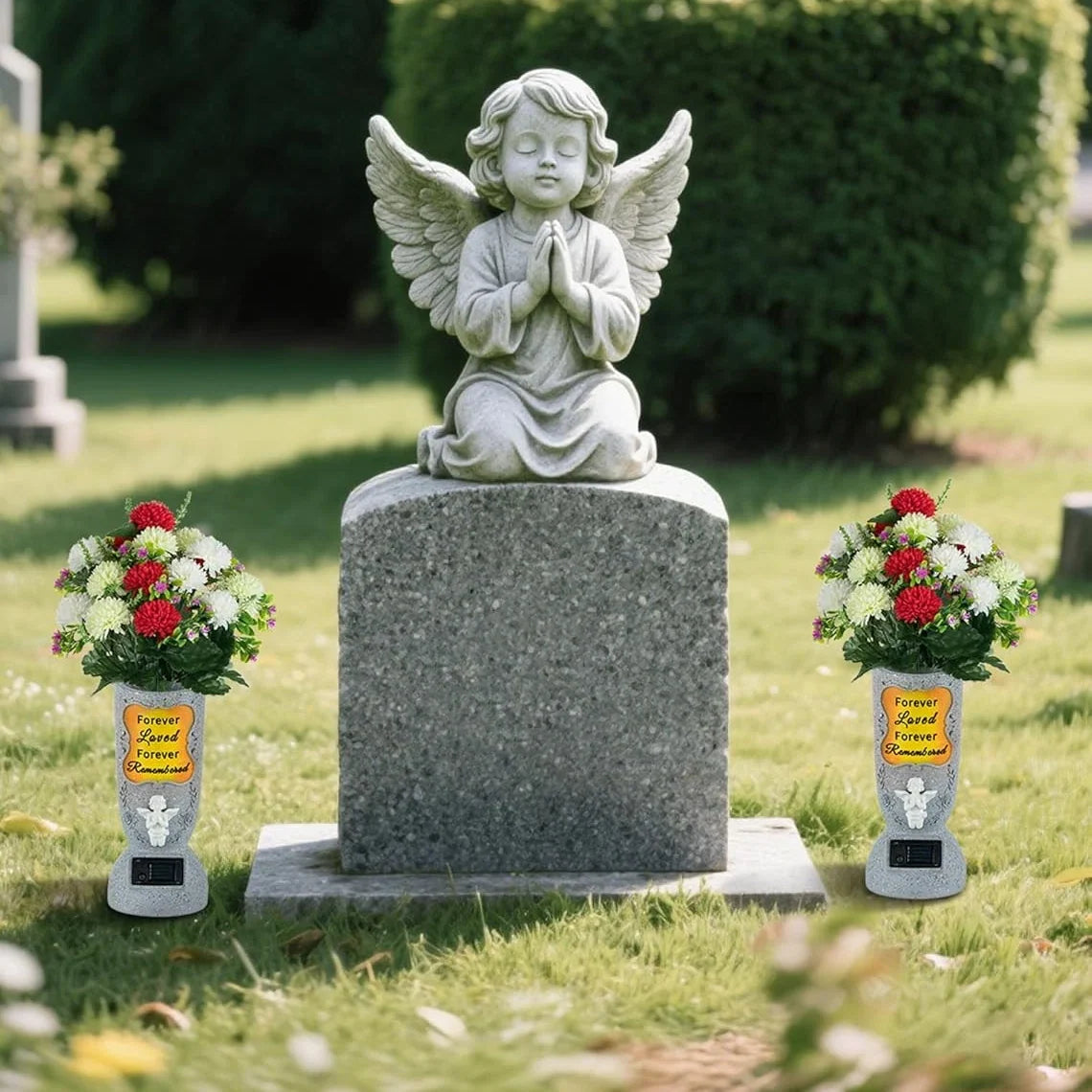 Solar Cemetery Grave Vase – LED Angel Headstone Vase with Ground Spike