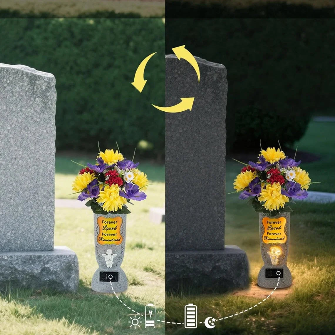 Solar Cemetery Grave Vase – LED Angel Headstone Vase with Ground Spike