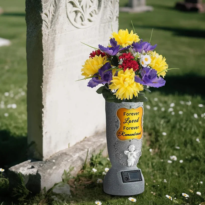 Solar Cemetery Grave Vase – LED Angel Headstone Vase with Ground Spike