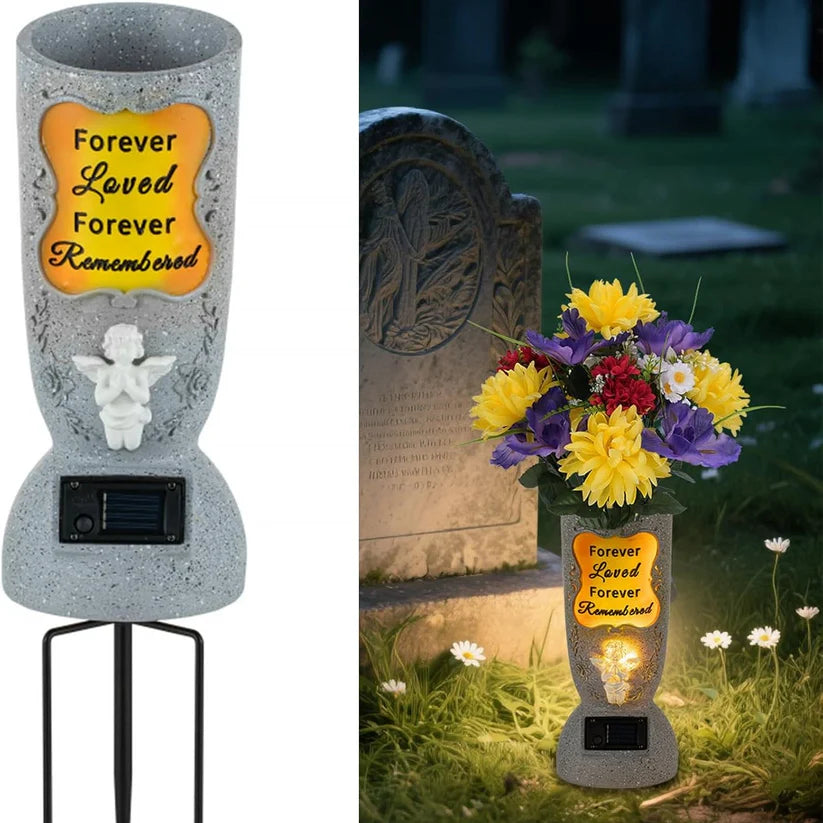 Solar Cemetery Grave Vase – LED Angel Headstone Vase with Ground Spike